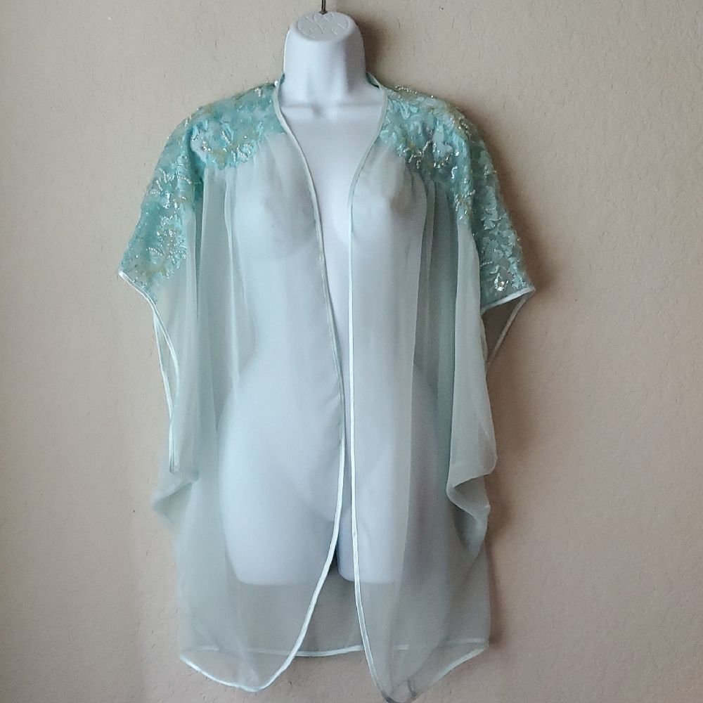Vtg Victoria's Secret Gold Label Mint Teal Sheer Kimono Robe M Sequin Beaded